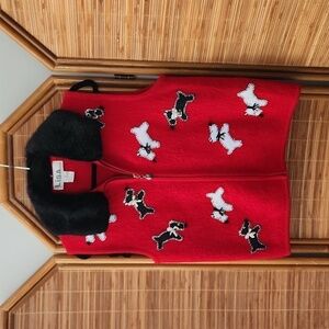 Vintage Wool Red Zipper Vest Black Fur Collar